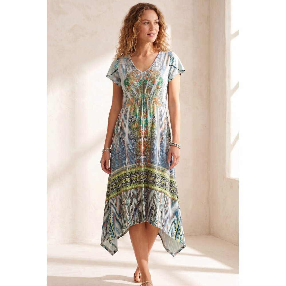 One World Boho Hippie Midi Dress Blue Green Lace Crochet Abstract Y2K Festival S